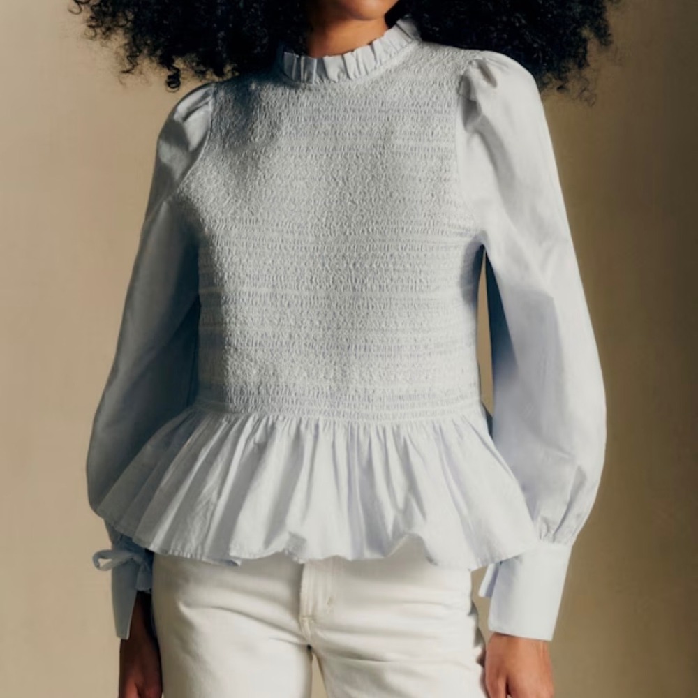 Sézane x Andion Mellisa Light Blue Smocked Long Sleeve Cuff Tie Ruffle Top SZ 42